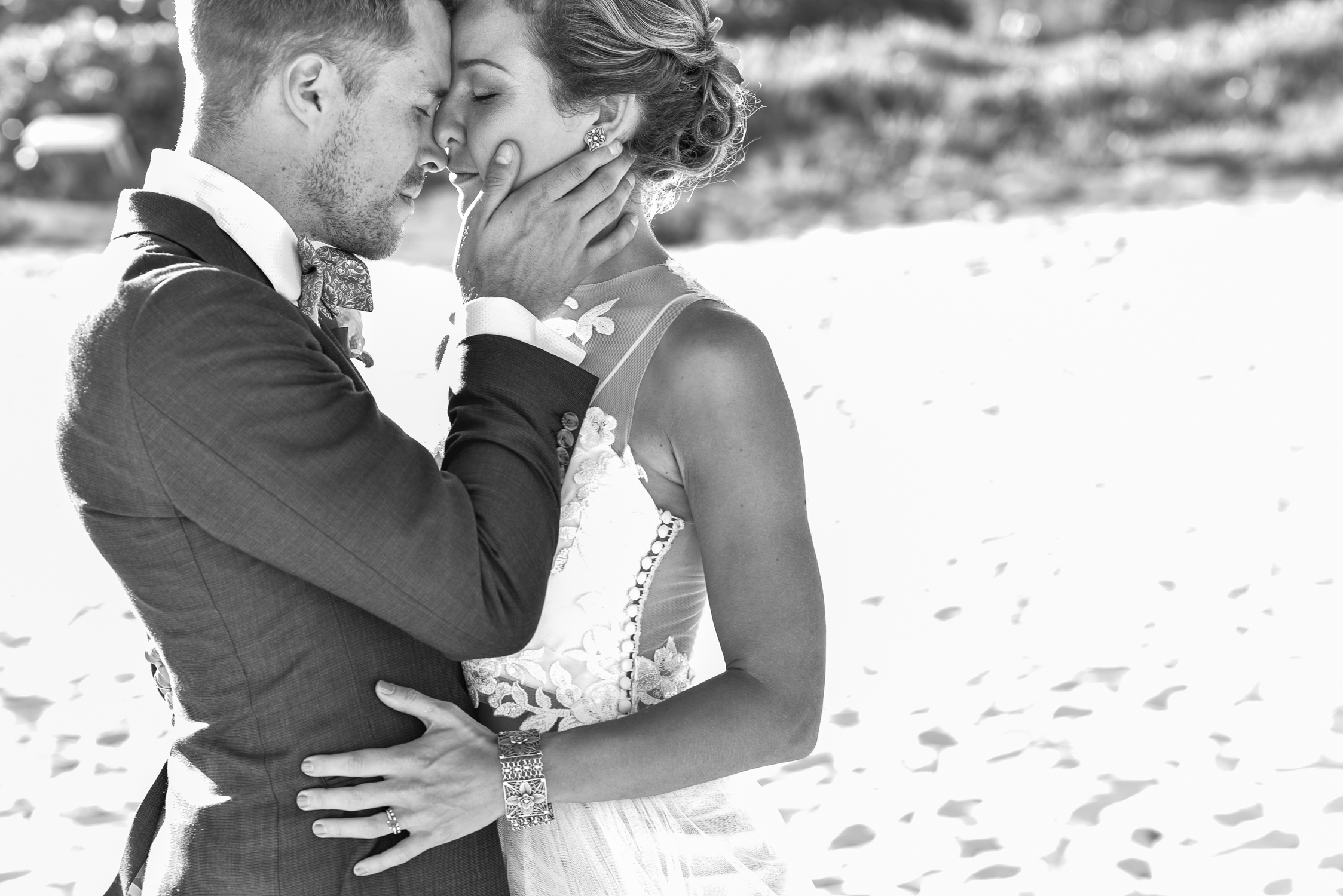 Black and white photo of bride and groom at a Bermuda destination wedding