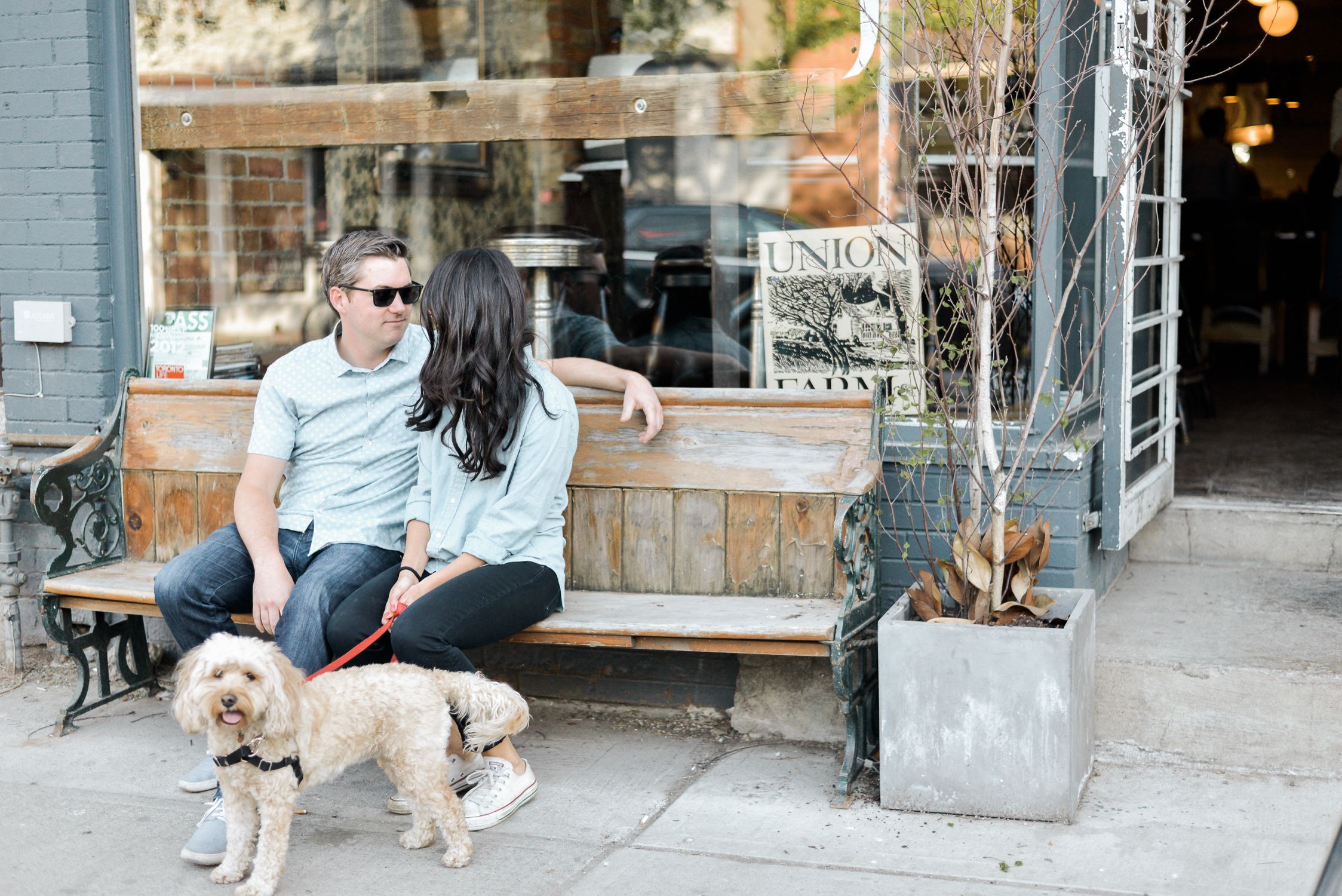 Trendy couple and their cute dog out on Toronto's Ossington Ave to take engagement photos