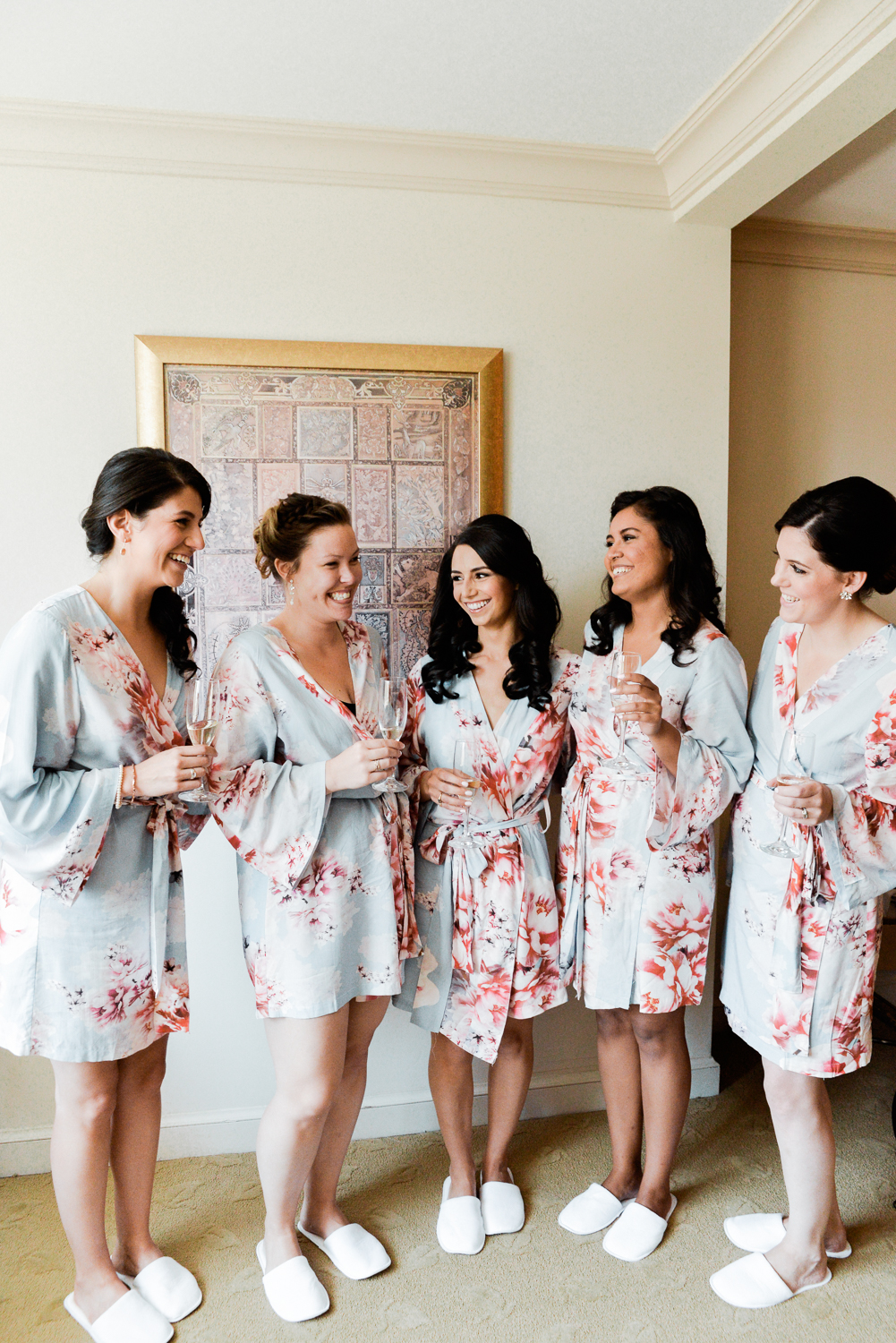 Blue and Pink bridesmaids robes with flowers