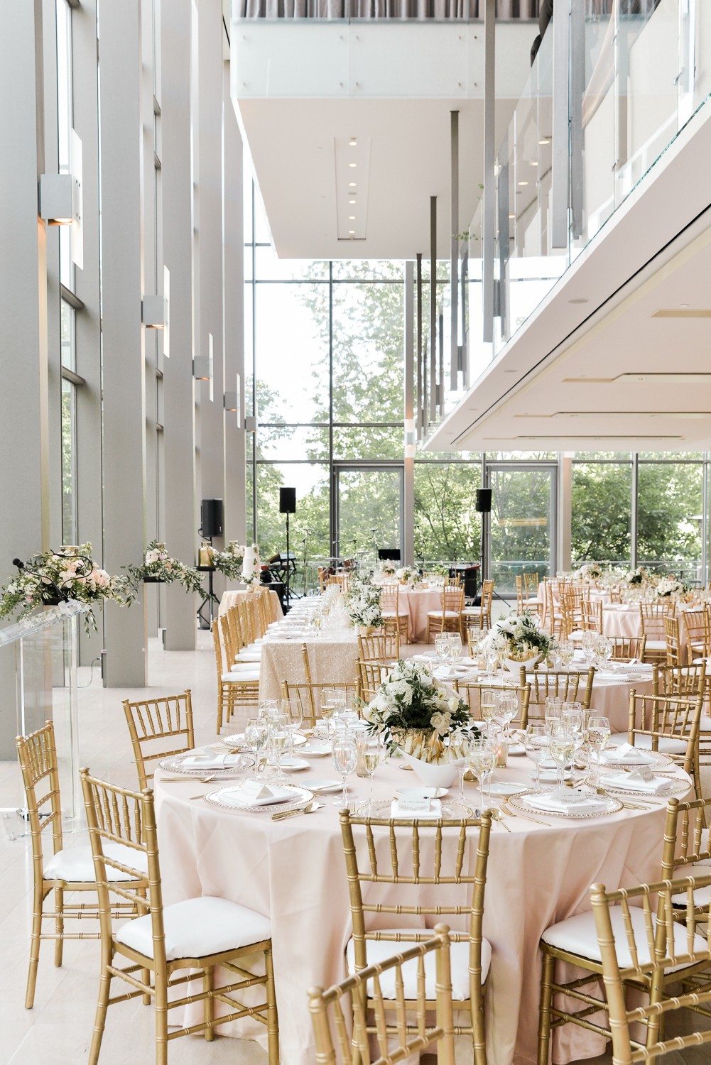 Blush and gold wedding decor at the royal conservatory of music
