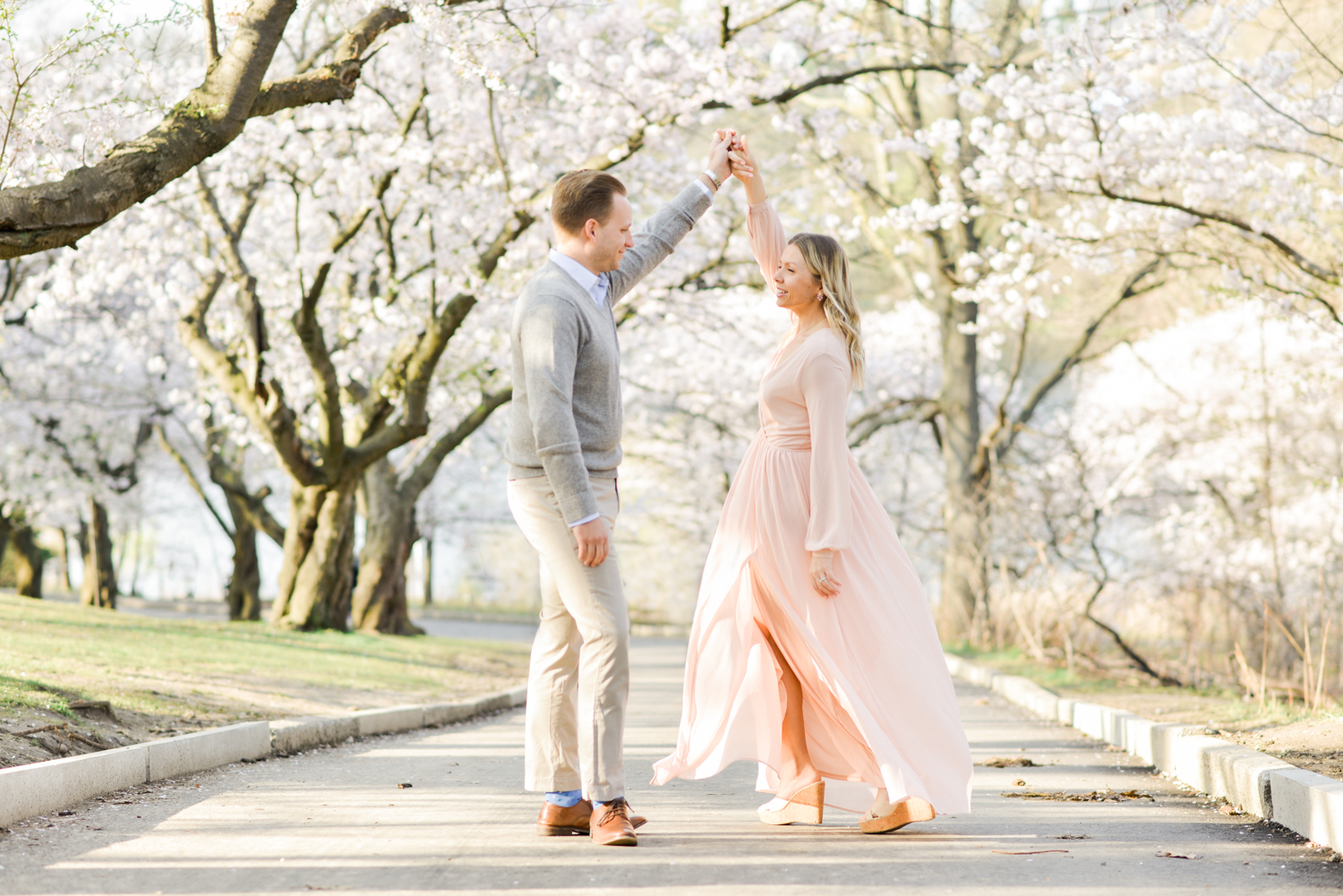 Engagement photo with cherry blossoms in high park