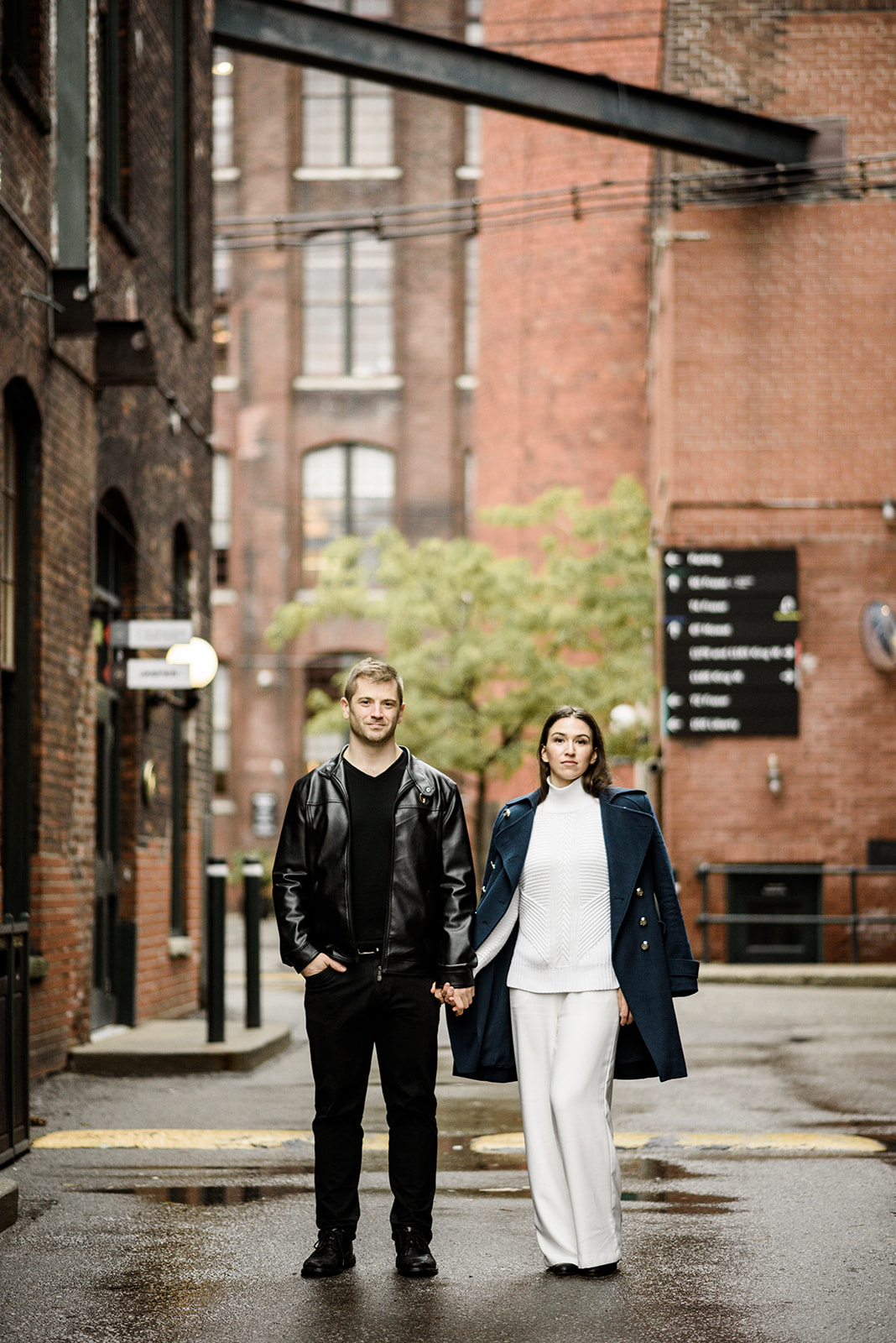 High end engagement session in the old brick neighbourhood of Liberty Villge