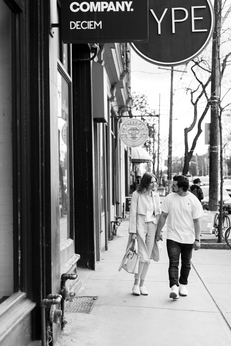 Engagement photo on queen west in black and white