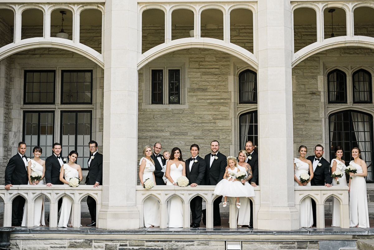 Bridal and party dressed in black and white at Casa Loma