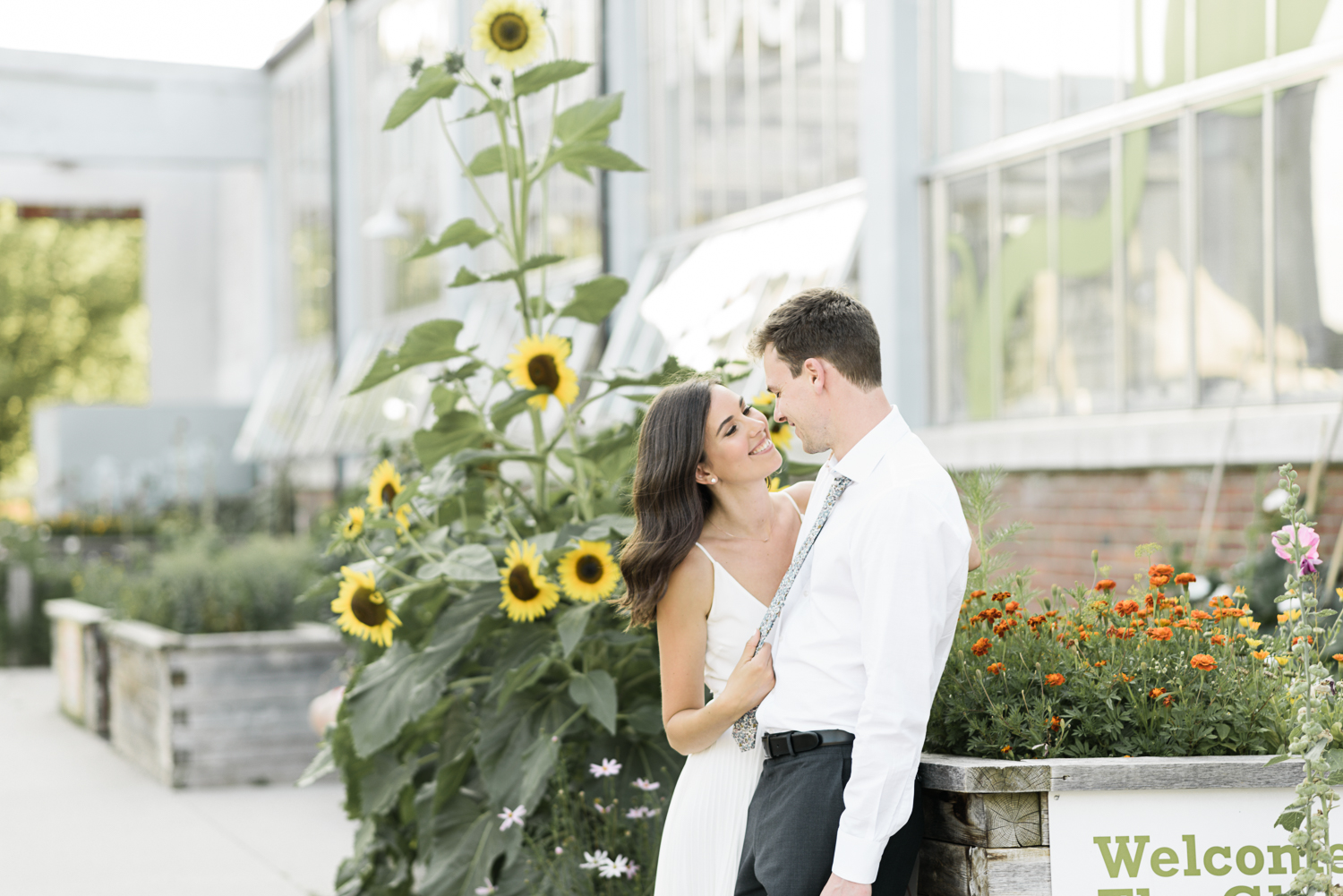 Couple in white shirt and white dress with sunflowers for their engagement shoot