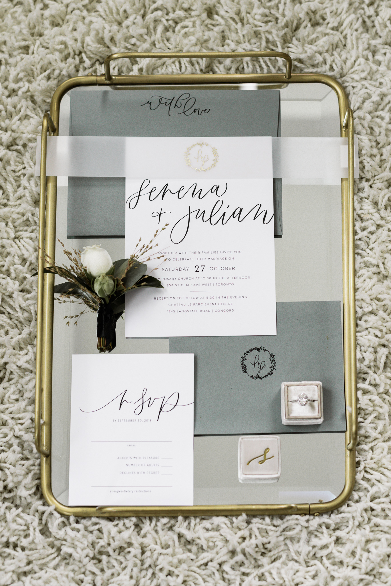 Black, white, and pale blue invitation set by Pear tree and Clover