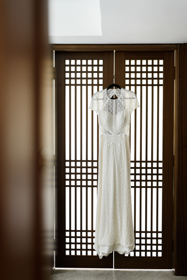 Wedding dress hangs up in one of the room at the shangri la.