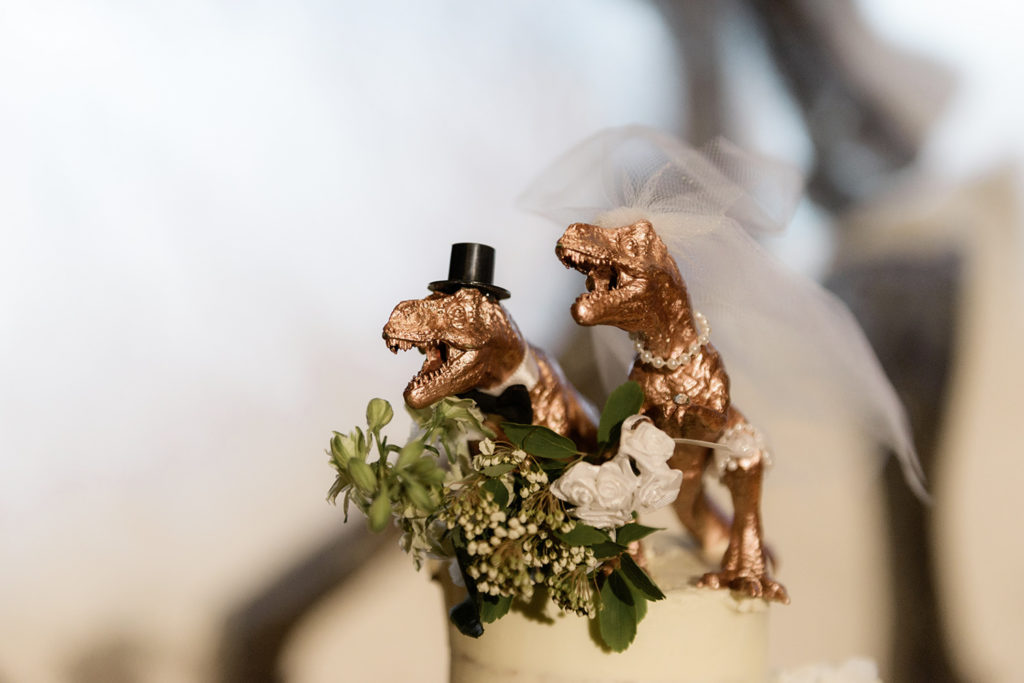 T-rex cake topper at this ROM wedding