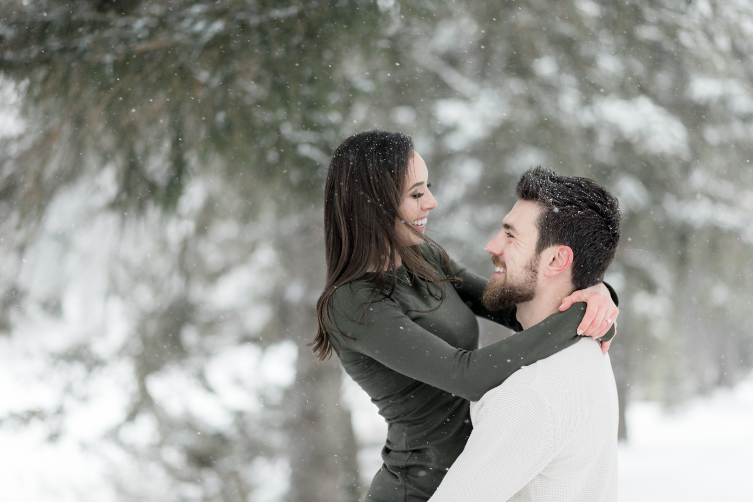 Winter, snowy engagement photo at Scotsdale farm